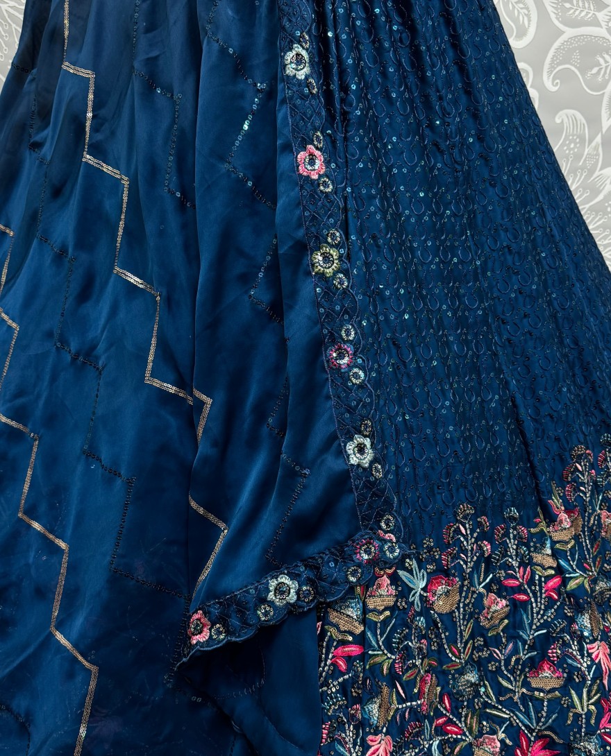 2811 - Beautiful Flower Pattern Blue Embroidery and Thread work design Partywear Lehengacholi 